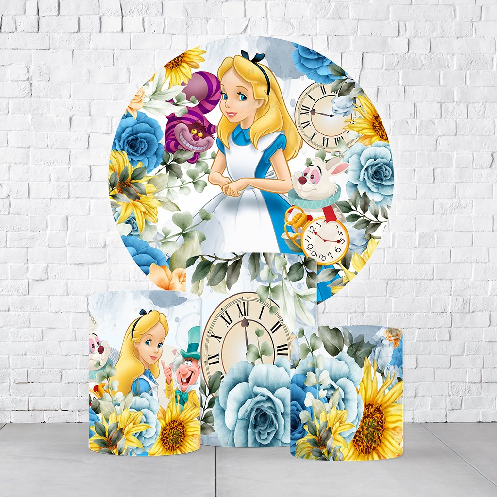 Kit Painel De Festa Alice No País Das Maravilhas + Trio De Cilindros Em Tecido