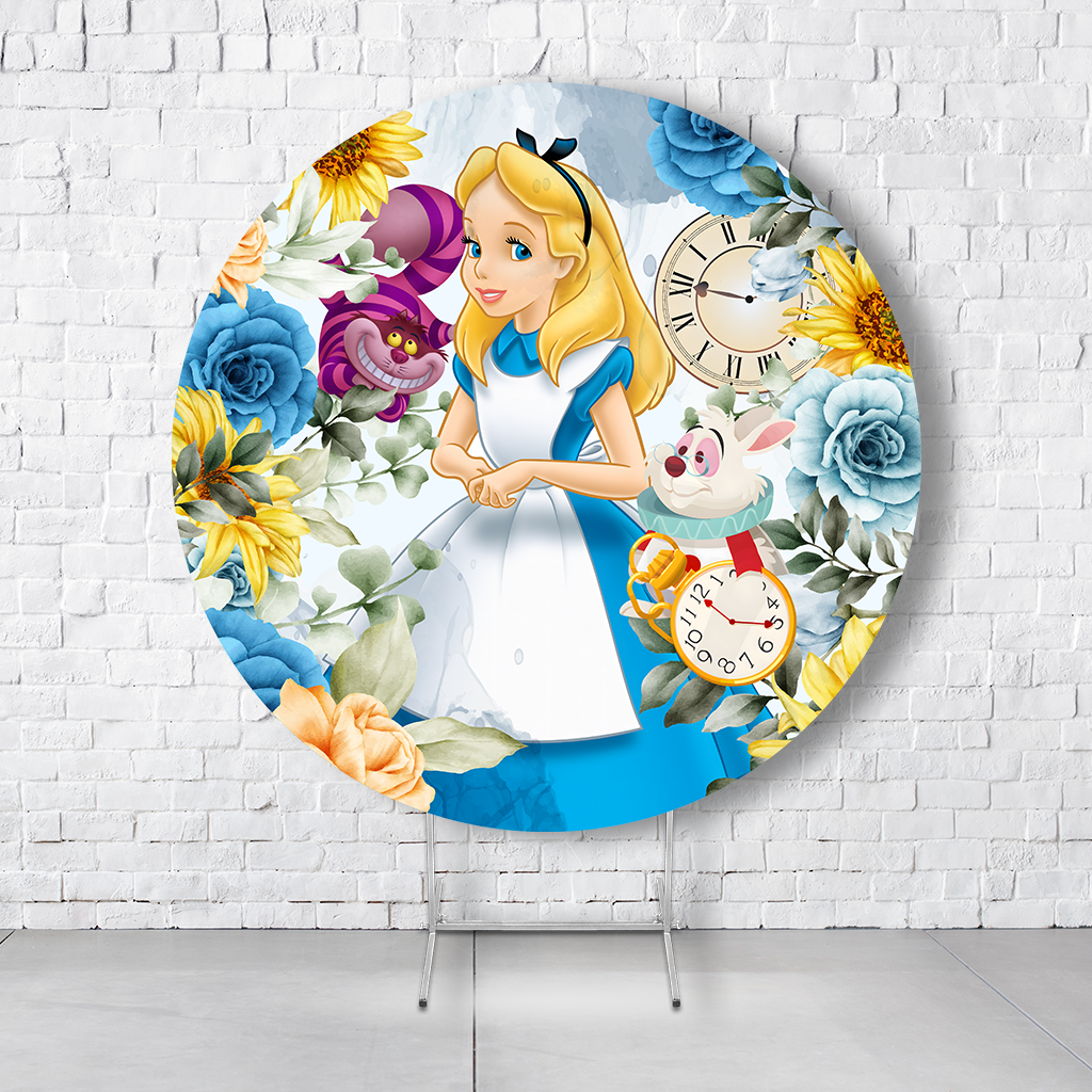Painel De Festa Redondo Alice No País Das Maravilhas Em Tecido Helanca C/Elástico 1,50x1,50