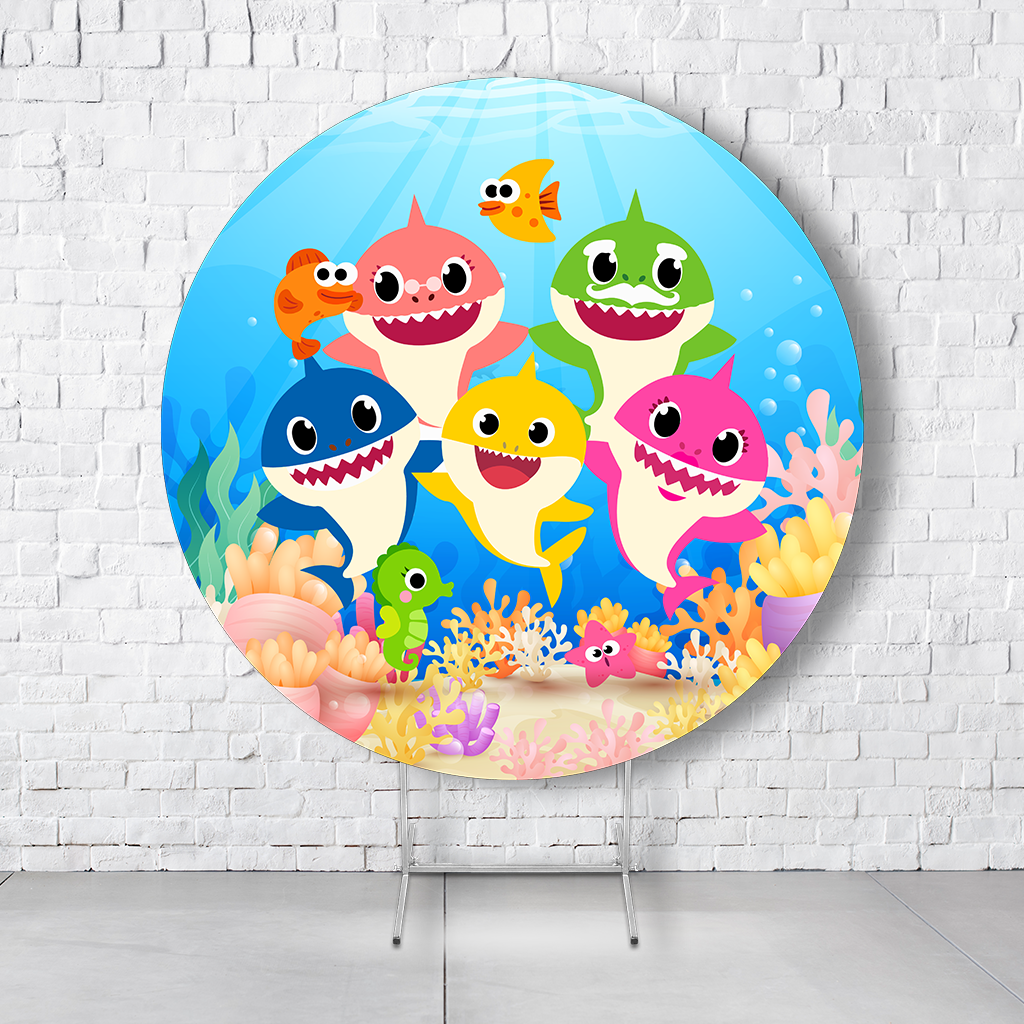 Painel De Festa Redondo Baby Shark Em Tecido Helanca C/Elástico 1,50x1,50