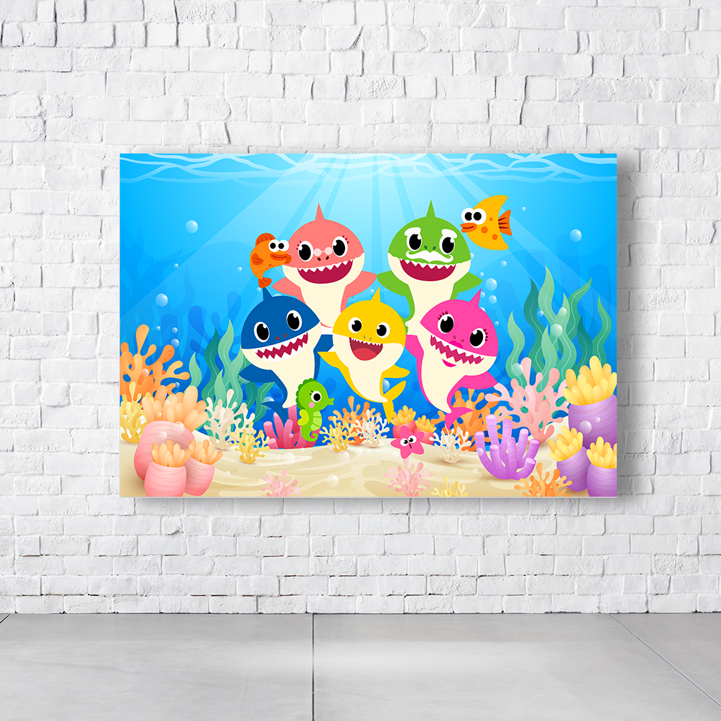 Painel Retangular Tema Baby Shark Em Tecido Oxford 100% Poliéster