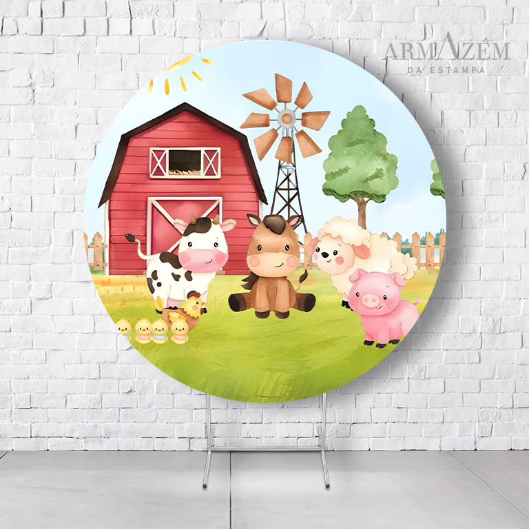 Painel De Festa Redondo Fazendinha Em Tecido Helanca C/Elástico 1,50x1,50  PAINEL414