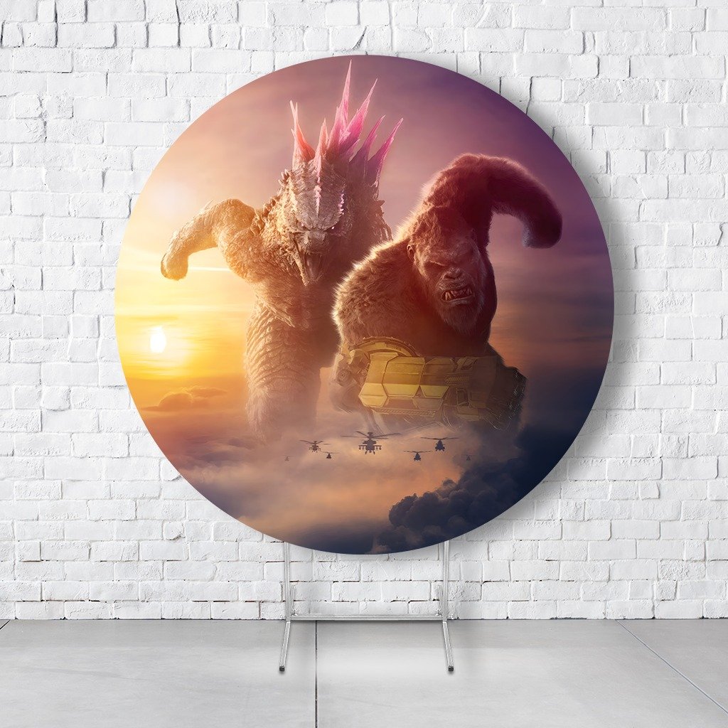 Painel De Festa Redondo Godzila E Kong Em Tecido Helanca C/Elástico 1,50x1,50