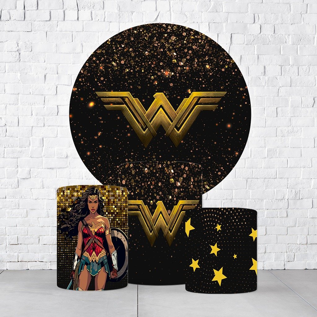 Kit Painel De Festa Mulher Maravilha + Trio De Cilindros Em Tecido