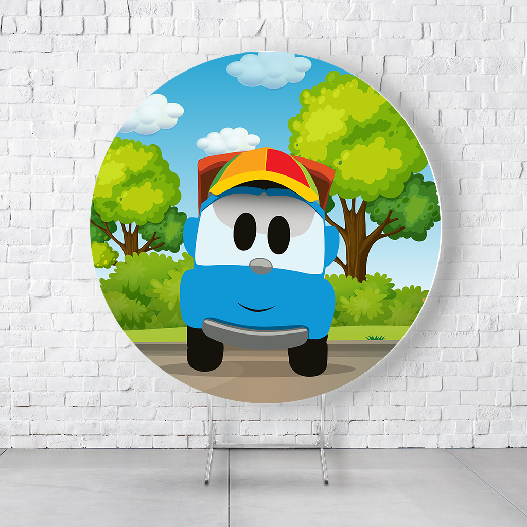 Painel De Festa Redondo Léo O Caminhão Em Tecido Helanca C/Elástico 1,50x1,50