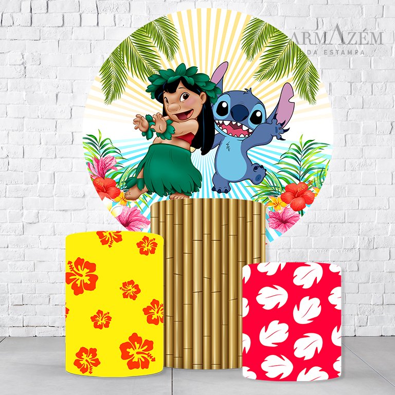 Kit Painel De Festa Lilo & Stitch + Trio De Cilindros Em Tecido  KITPAI747