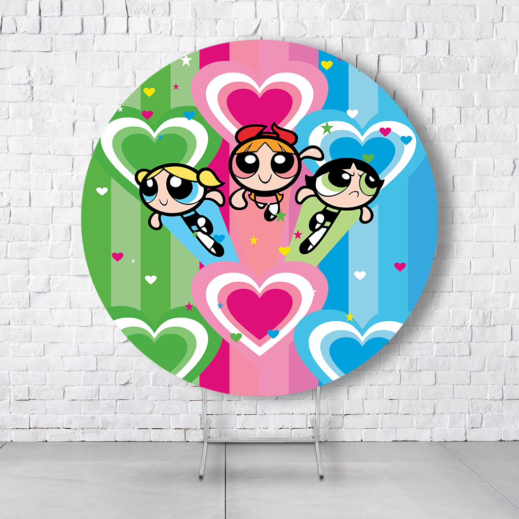 Painel De Festa Redondo Meninas Super Poderosas Em Tecido Helanca C/Elástico 1,50x1,50