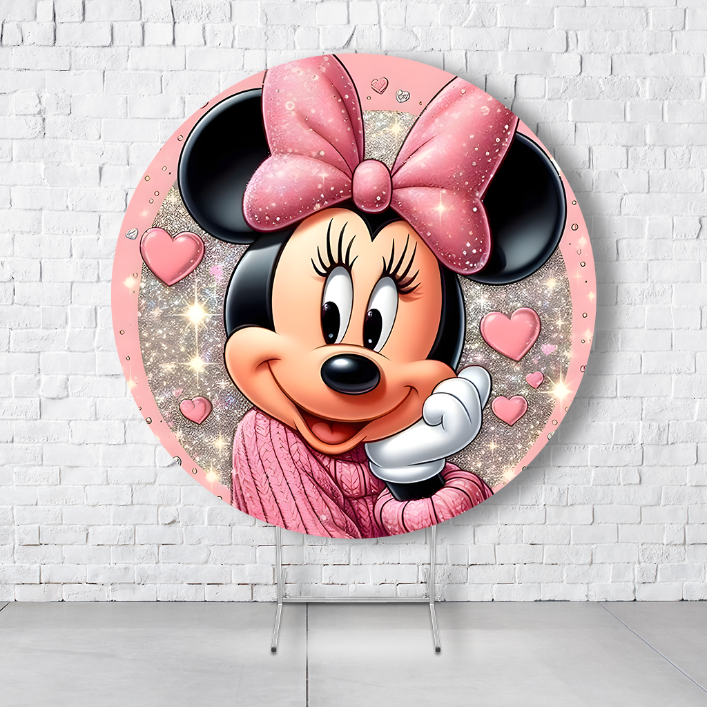 Painel De Festa Redondo Minnie Em Tecido Helanca C/Elástico 1,50x1,50