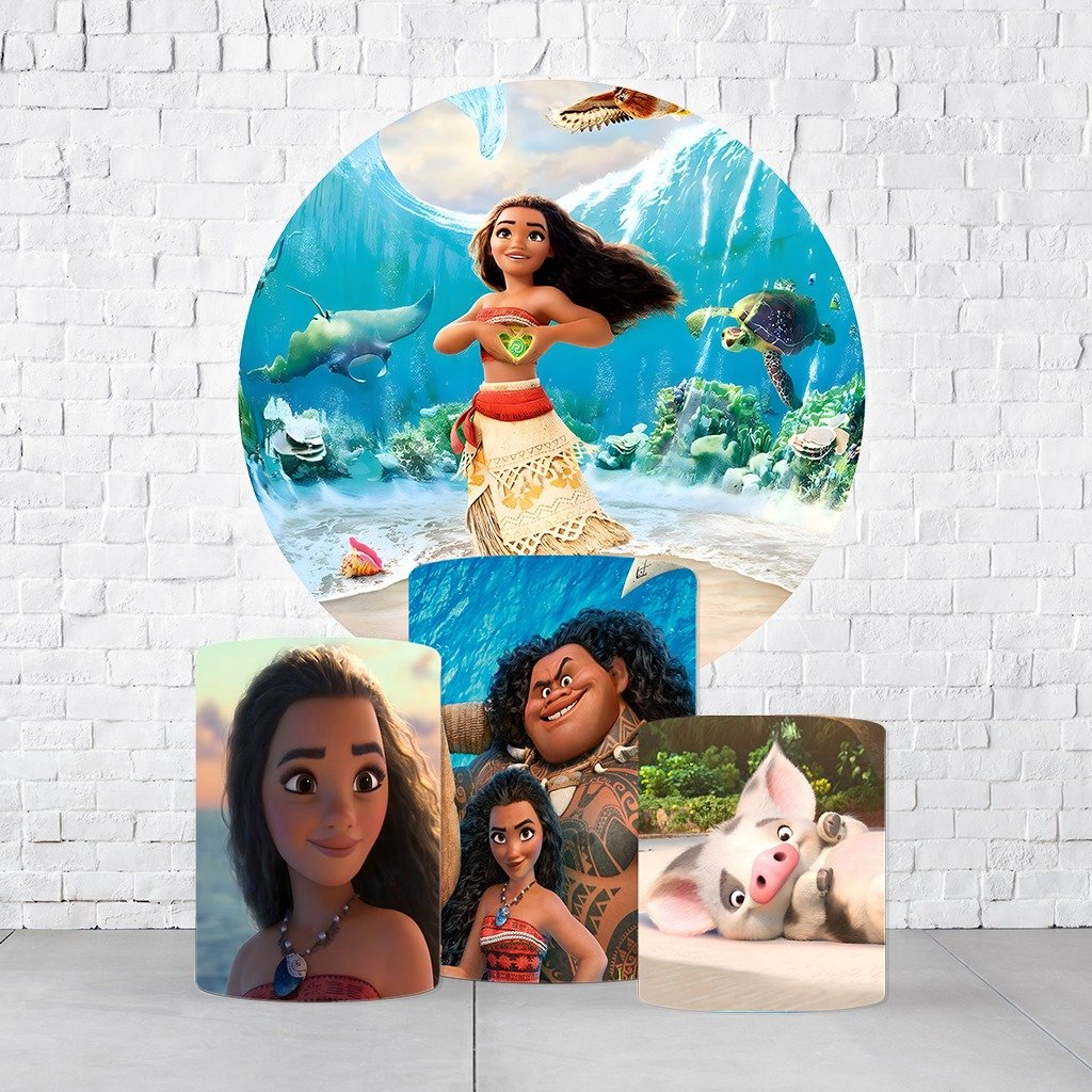 Kit Painel De Festa Moana + Trio De Cilindros Em Tecido  KITPAI473