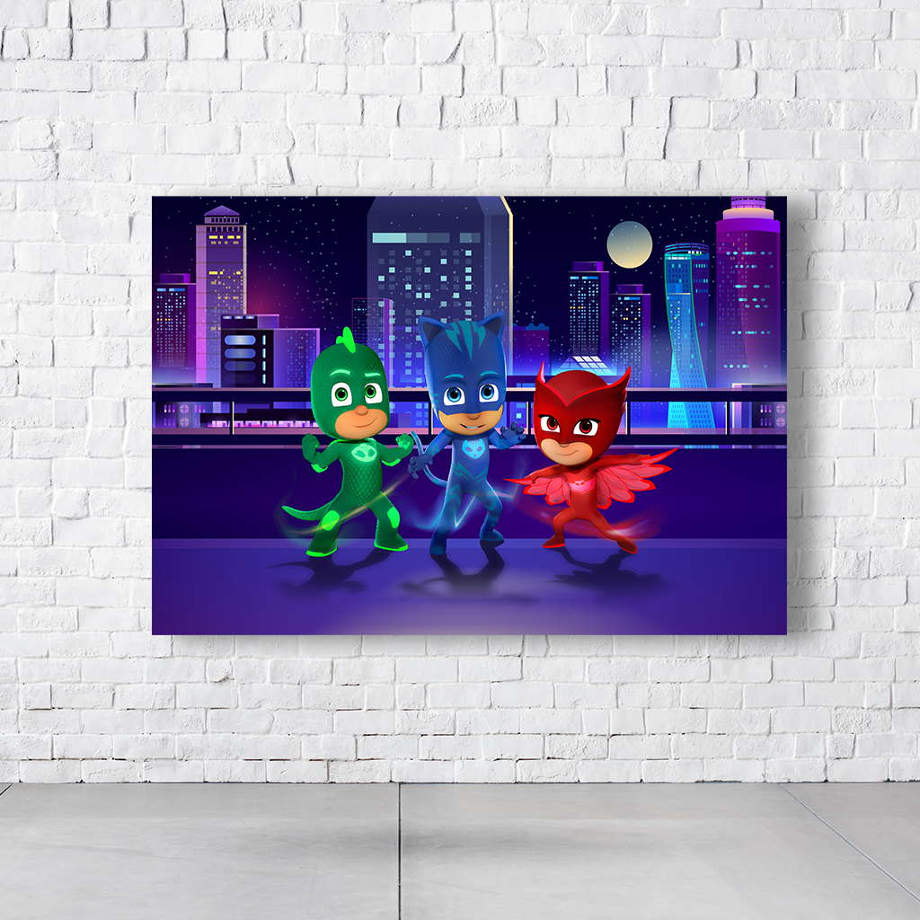 Painel Retangular Tema PJ Masks Em Tecido Oxford 100% Poliéster