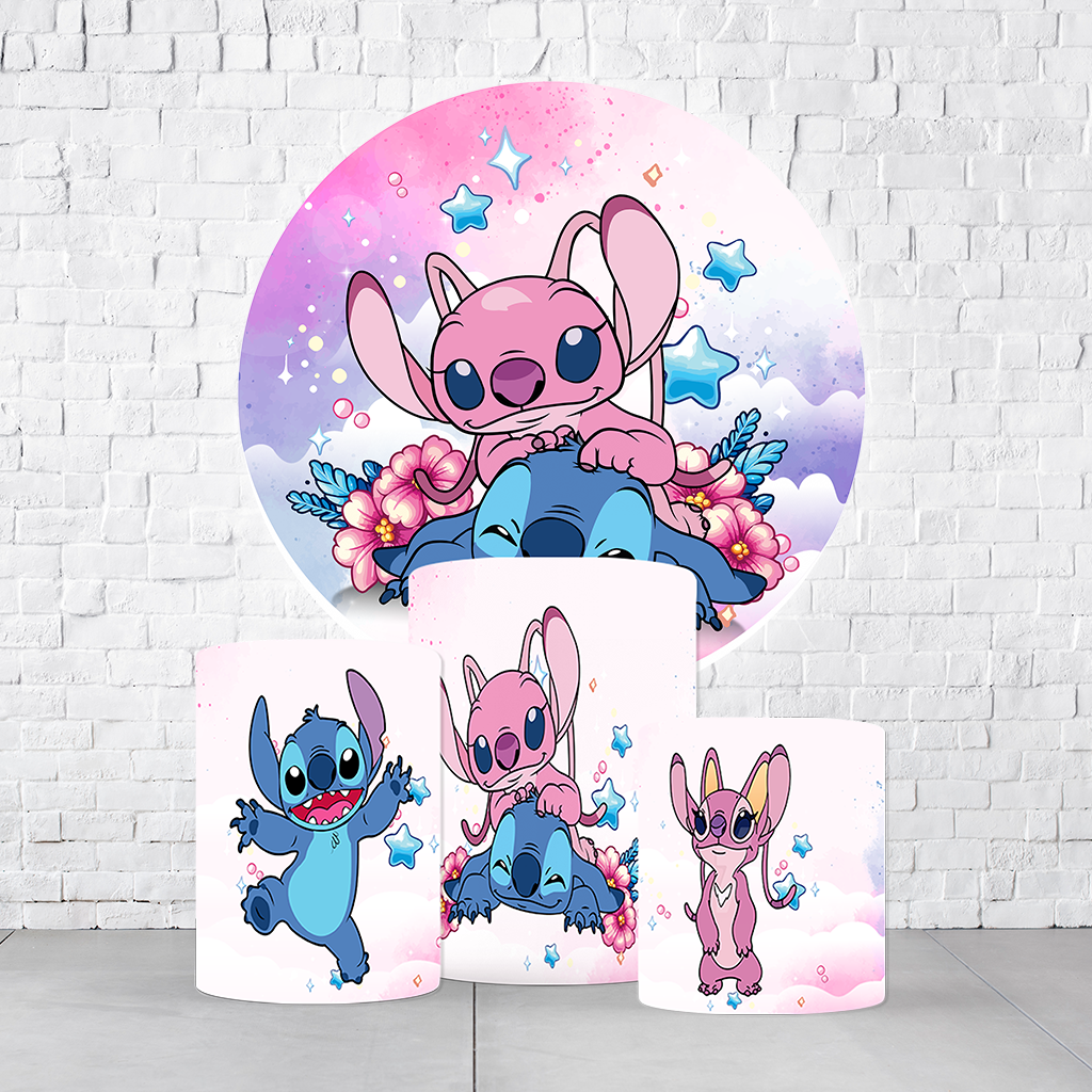 Kit Painel De Festa Stitch e Angel + Trio De Cilindros Em Tecido  KITPAI071