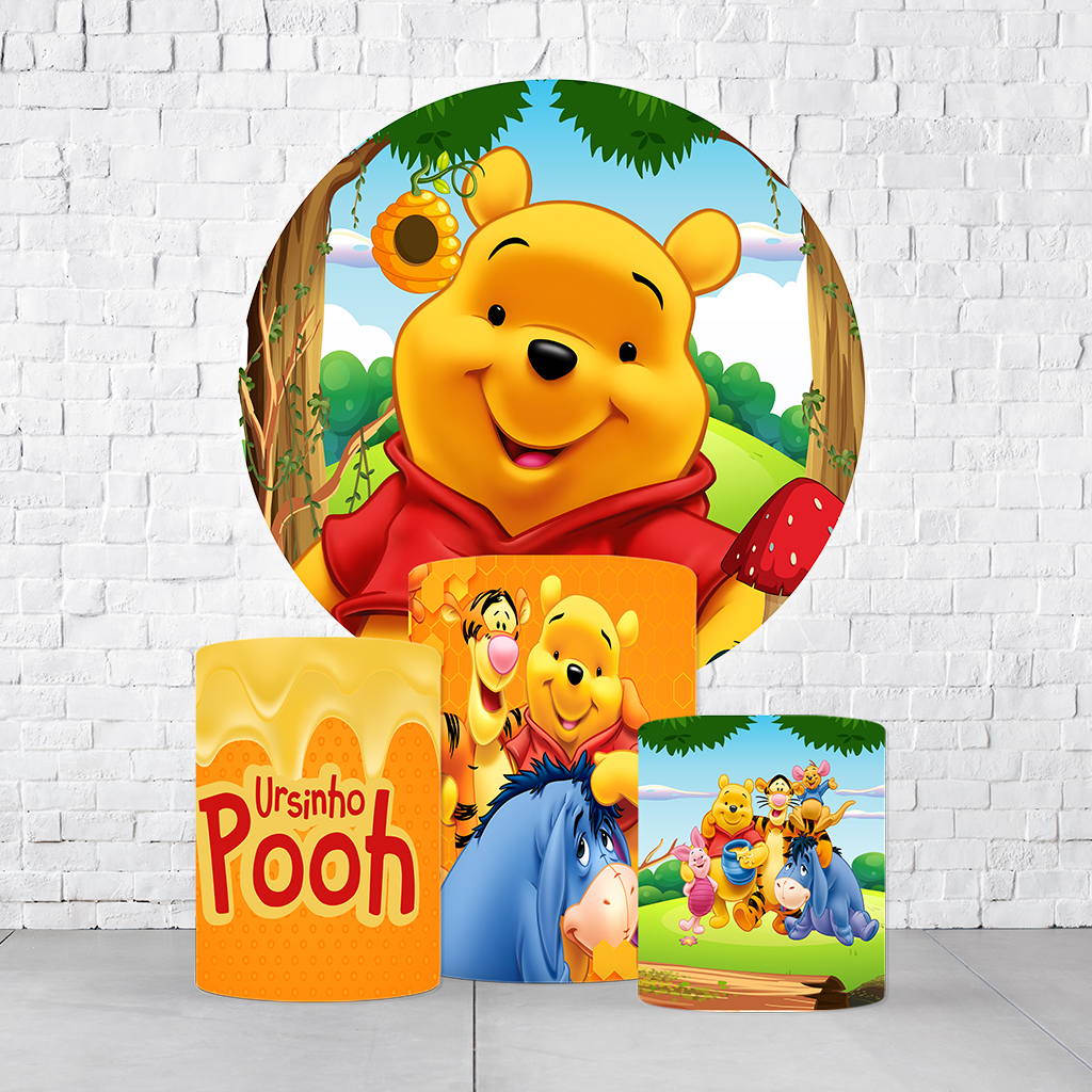 Kit Painel De Festa Ursinho Pooh + Trio De Cilindros Em Tecido