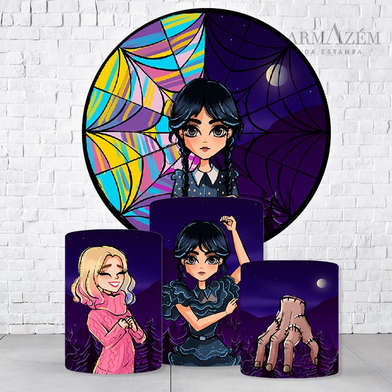 Kit Painel De Festa Wandinha + Trio De Cilindros Em Tecido - Imagem 2